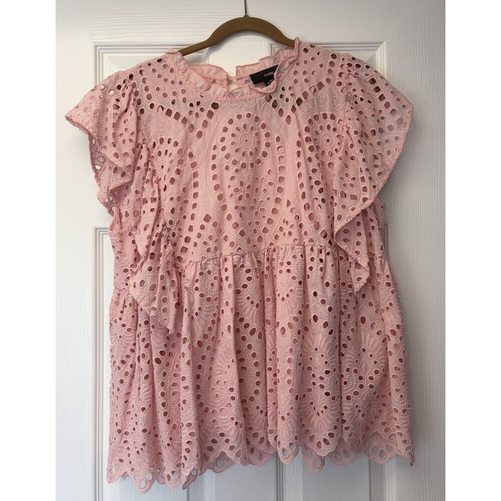 Rain Pink Cotton Eyelet Flutter Sleeve Blouse Women's Sz L Cottage Core Ruffle